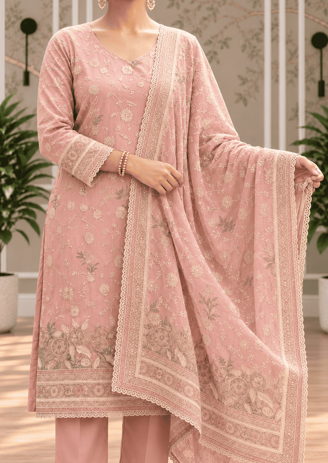 Unstitched Antique Rose Pink Fine Muslin-Cotton Blend With Sequin Accents And Textured Embroidered Suit Material