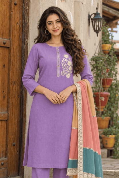 Unstitched purple embroidered cotton suit set with a contrasting dupatta