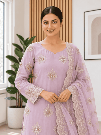 Semi-Stitched Mauve Lilac Chiffon Suit With Heavy Floral Sequin Border Detailing
