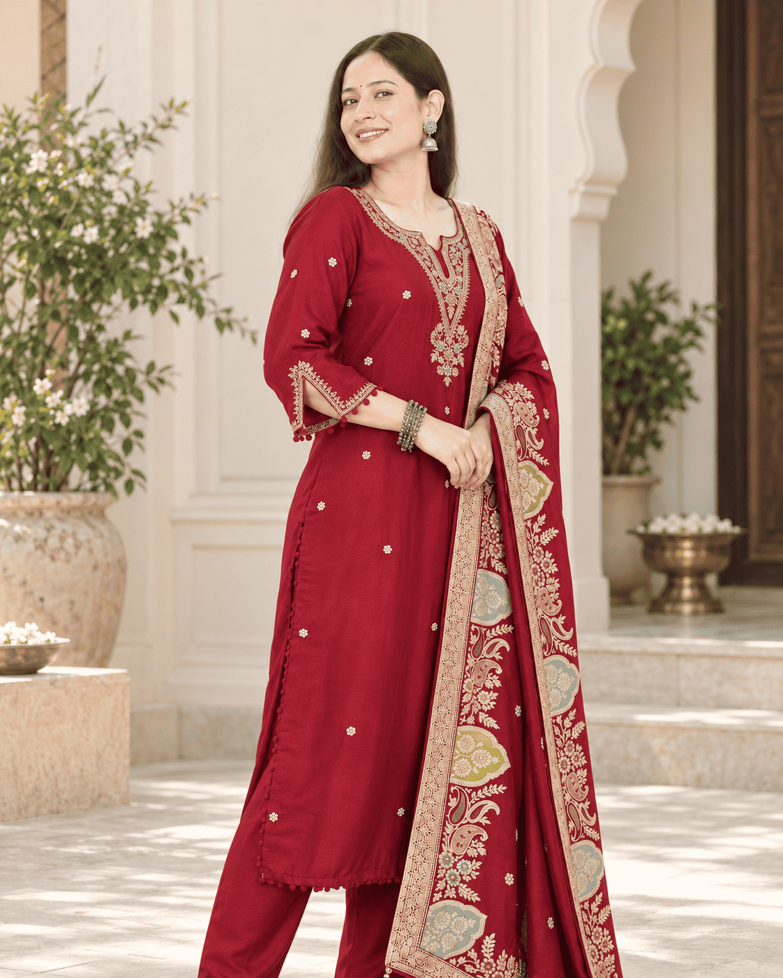 Maroon Embroidered Dola Silk Kurta and Pant with dupatta