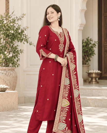 Maroon Embroidered Dola Silk Kurta and Pant with dupatta