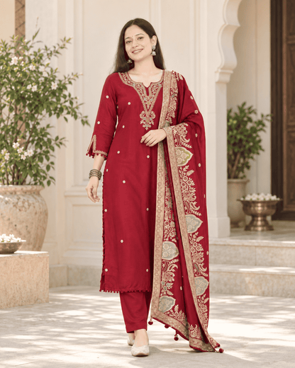 Maroon Embroidered Dola Silk Kurta and Pant with dupatta