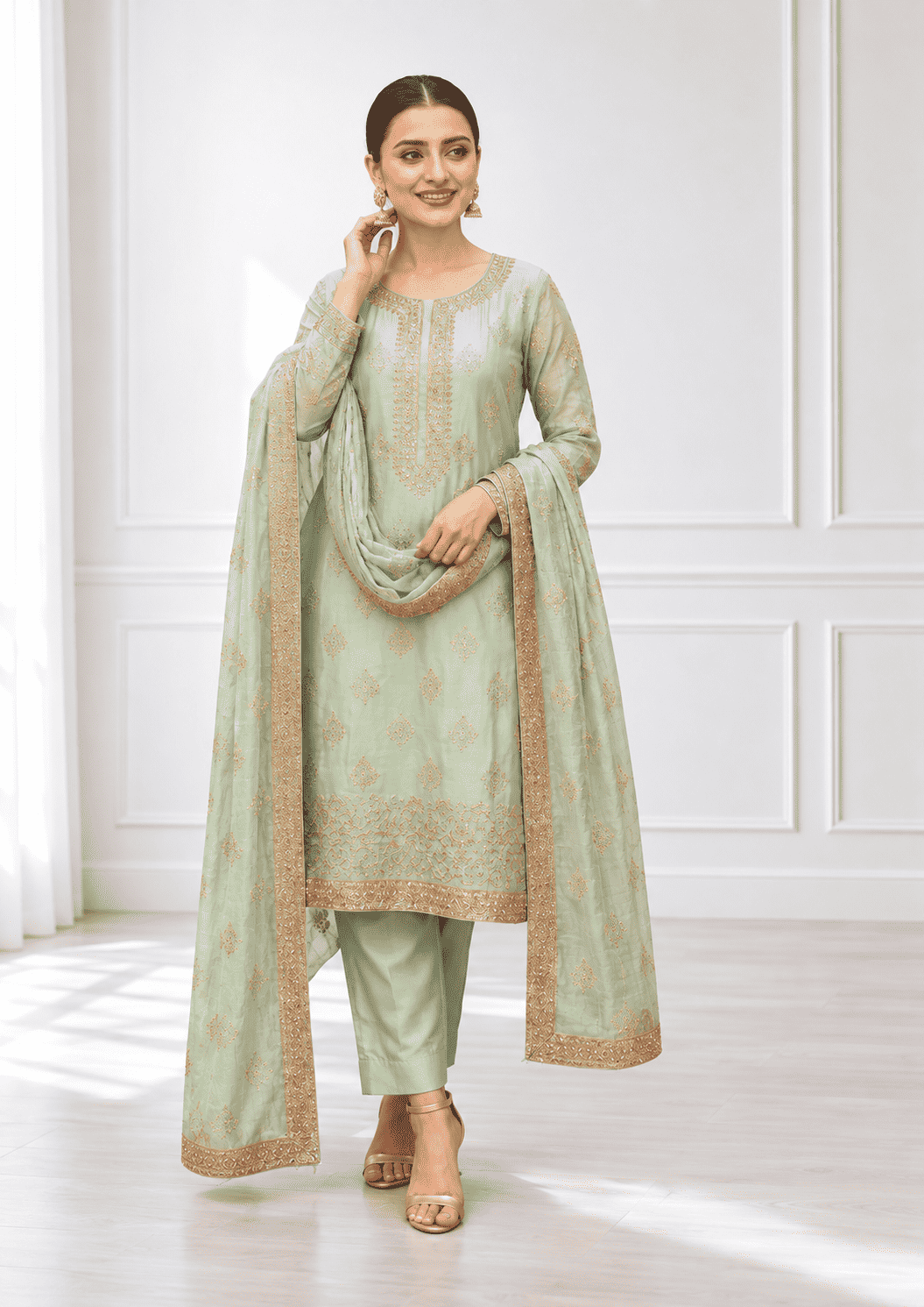 Semi-Stitched Soft Sea-Green Tissue Silk Wth A Glossy, Crinkled Texture Suit Material