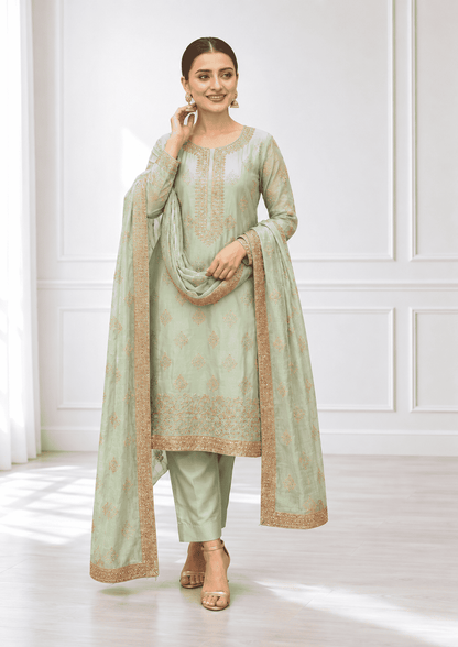 Semi-Stitched Soft Sea-Green Tissue Silk Wth A Glossy, Crinkled Texture Suit Material