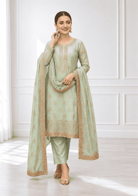 Semi-Stitched Soft Sea-Green Tissue Silk Wth A Glossy, Crinkled Texture Suit Material