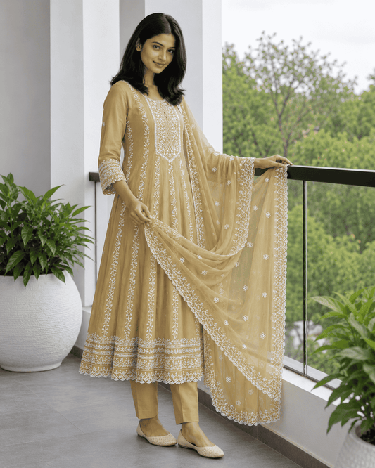 Beige Embroidered Mul Cotton Kurta Pant and Dupatta