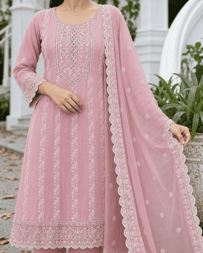 Pink Embroidered Mul Cotton Kurta Pant and Dupatta