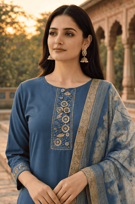Dark Blue Cotton Blend Kurta Pant With Floral Printed Dupatta