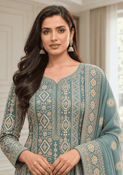 Unstitched Dusty Mustard Olive Green Viscose-Georgette Fabric Adorned With Delicate Ivory Thread Embroidered Suit Material