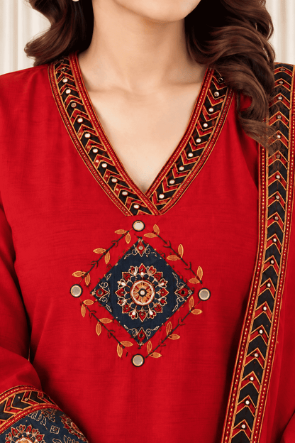 Red Cotton Kurta and pant with dupatta