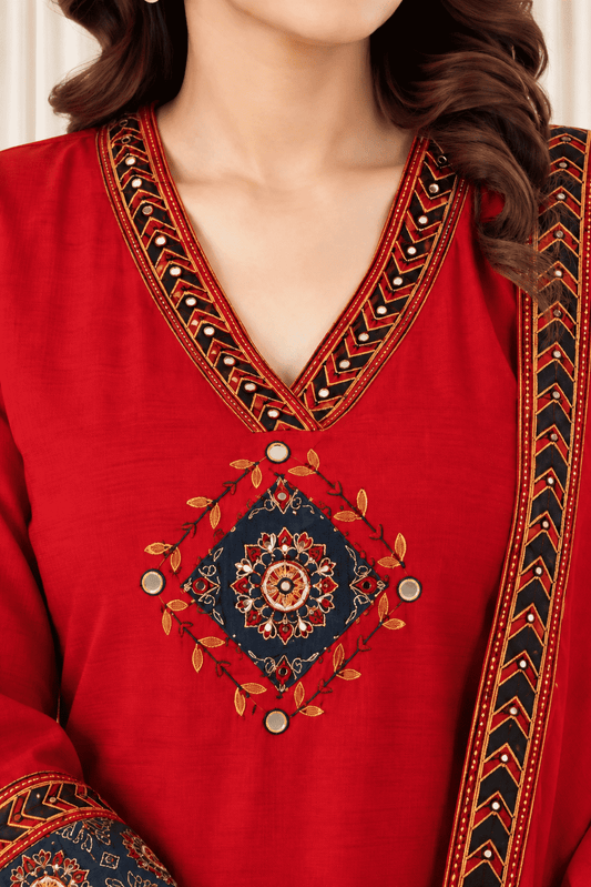 Red Cotton Kurta and pant with dupatta