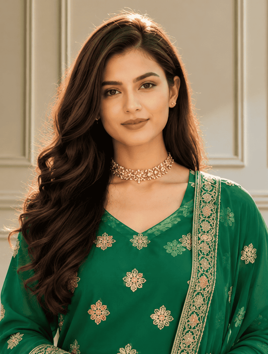 Unstitched Green Shimmer Silk-Blend Embroidered Suit Material