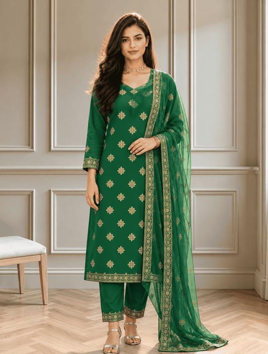Unstitched Green Shimmer Silk-Blend Embroidered Suit Material