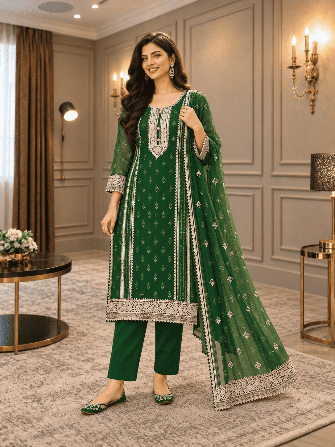 Semi-Stitched Soft Organza In A Forest Green Shade With Intricate Multicoloured Thread And Zari Embroidery Suit Material