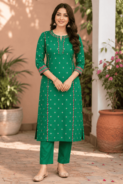 Emerald Green Jacquard booti Silk Kurta Pant Set