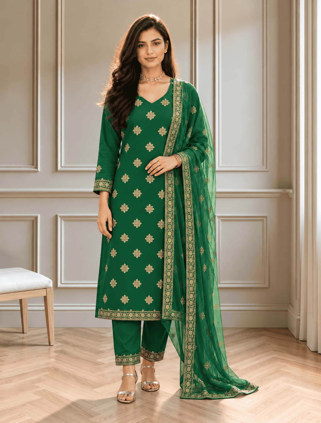 Unstitched Green Shimmer Silk-Blend Embroidered Suit Material