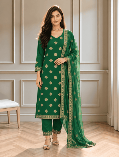 Unstitched Green Shimmer Silk-Blend Embroidered Suit Material