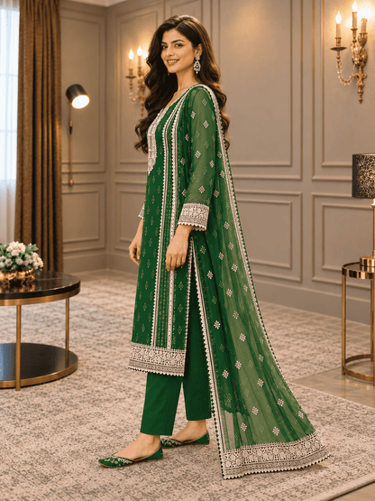 Semi-Stitched Soft Organza In A Forest Green Shade With Intricate Multicoloured Thread And Zari Embroidery Suit Material