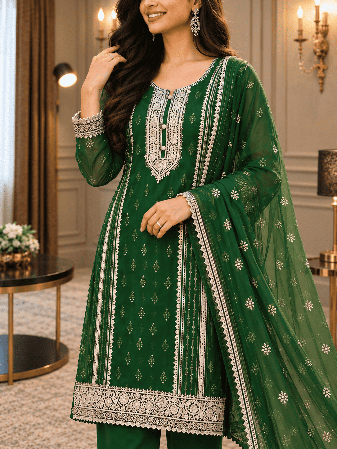 Semi-Stitched Soft Organza In A Forest Green Shade With Intricate Multicoloured Thread And Zari Embroidery Suit Material