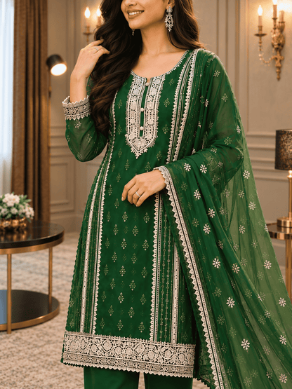 Semi-Stitched Soft Organza In A Forest Green Shade With Intricate Multicoloured Thread And Zari Embroidery Suit Material
