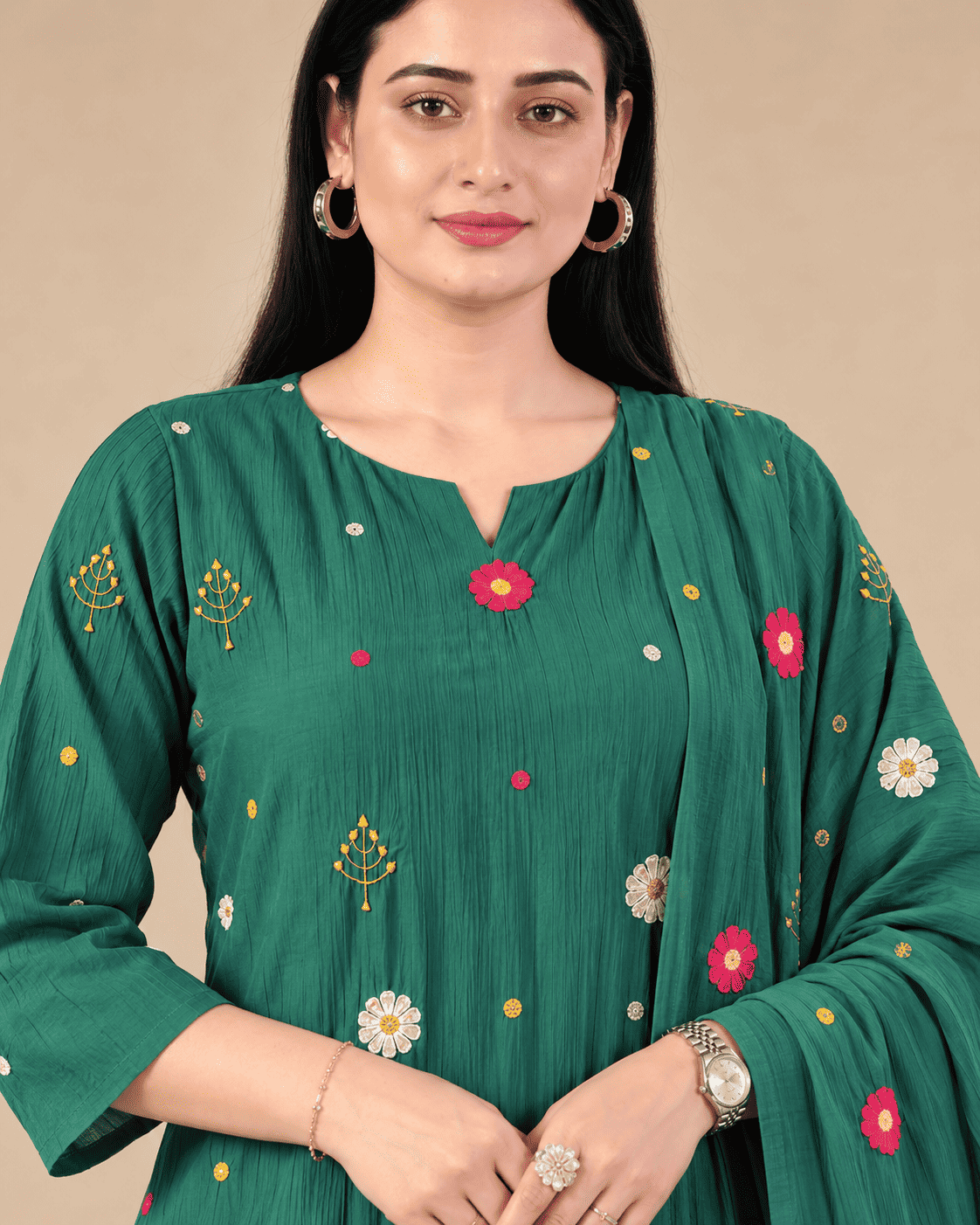 Green Embroidered Crushed Palli Silk Kurta and Pant with Dupatta