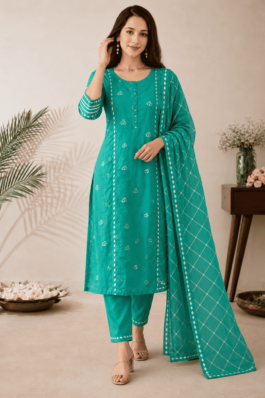 Green Silk embroidered Kurta Pant Set with dupatta