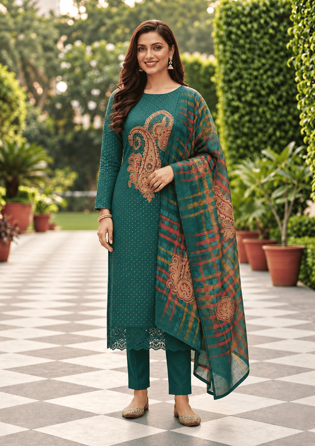 Unstitched Emerald-Teal Satin Suit Enhanced With Mirror Applique And Floral Threadwork