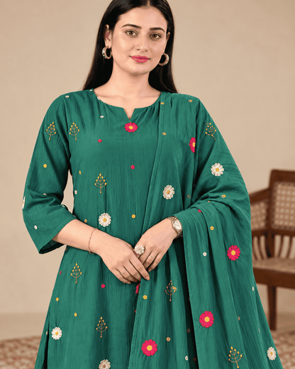 Green Embroidered Crushed Palli Silk Kurta and Pant with Dupatta