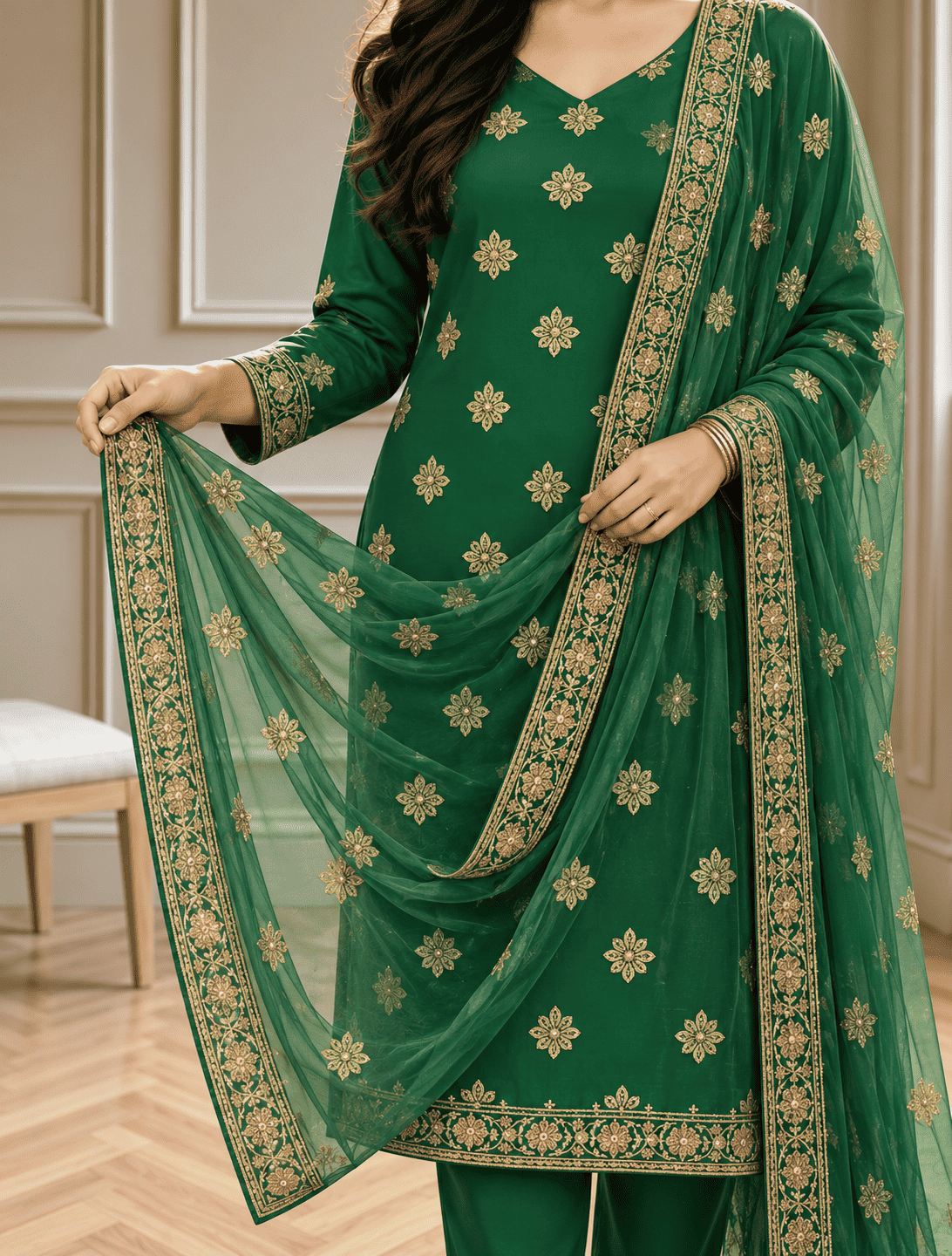 Unstitched Green Shimmer Silk-Blend Embroidered Suit Material