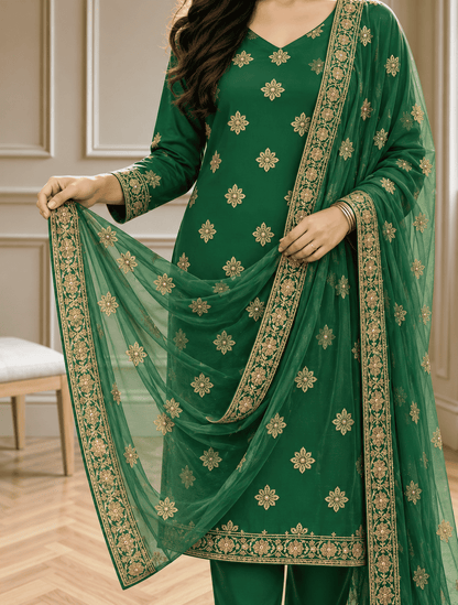 Unstitched Green Shimmer Silk-Blend Embroidered Suit Material