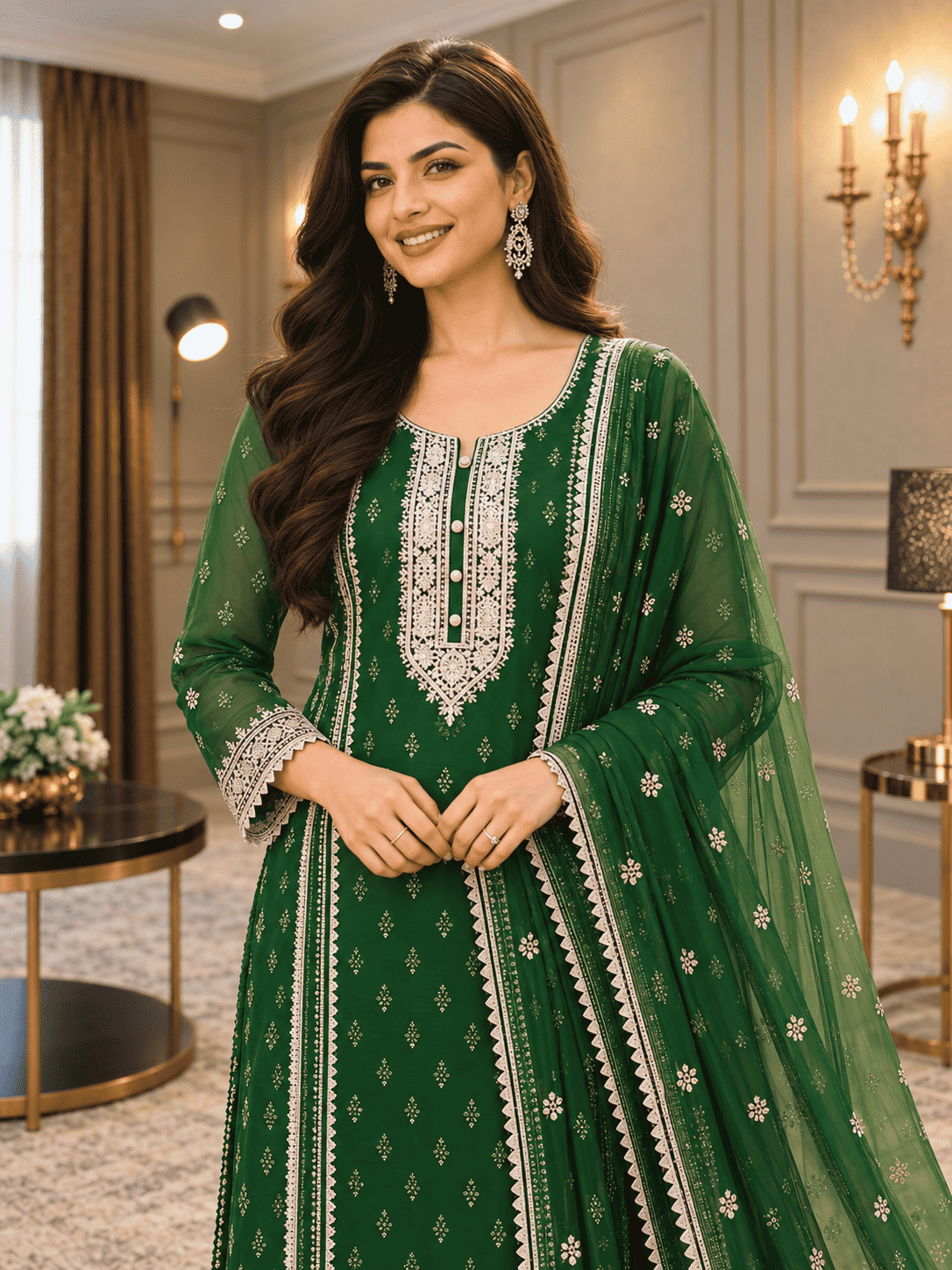 Semi-Stitched Soft Organza In A Forest Green Shade With Intricate Multicoloured Thread And Zari Embroidery Suit Material