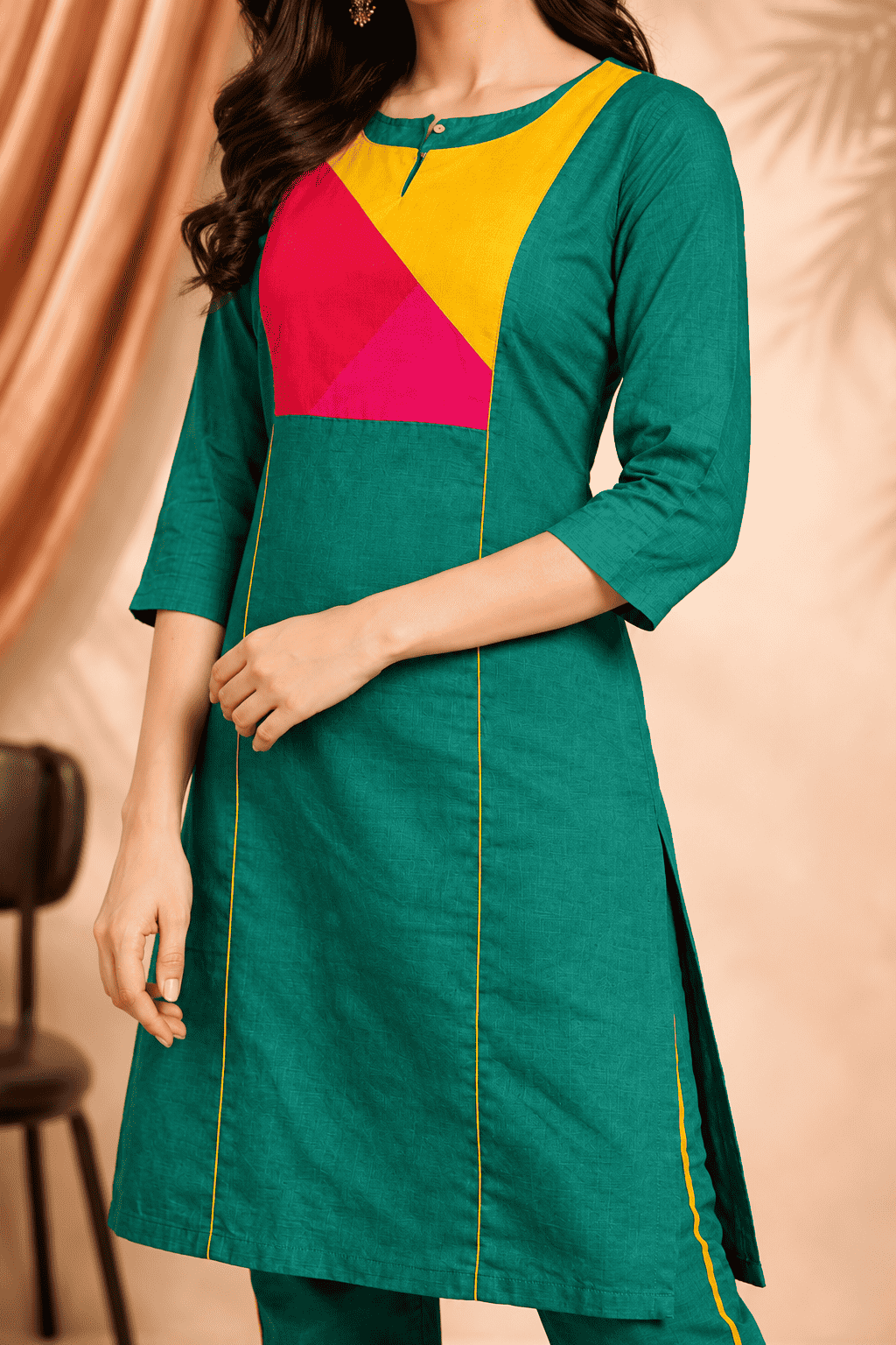 Emerald green vibrant multicolour panel design linen kurta pant set