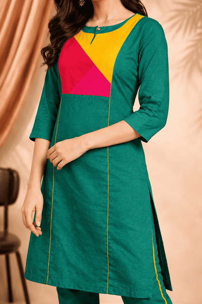 Emerald green vibrant multicolour panel design linen kurta pant set