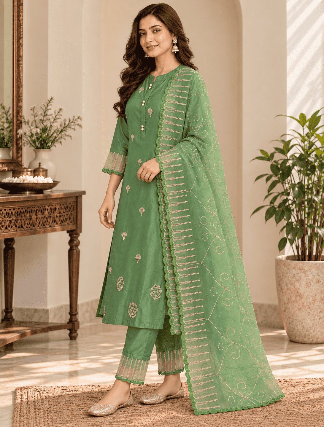 Green Silk Blend Embroidered Kurta Pant and Dupatta Set