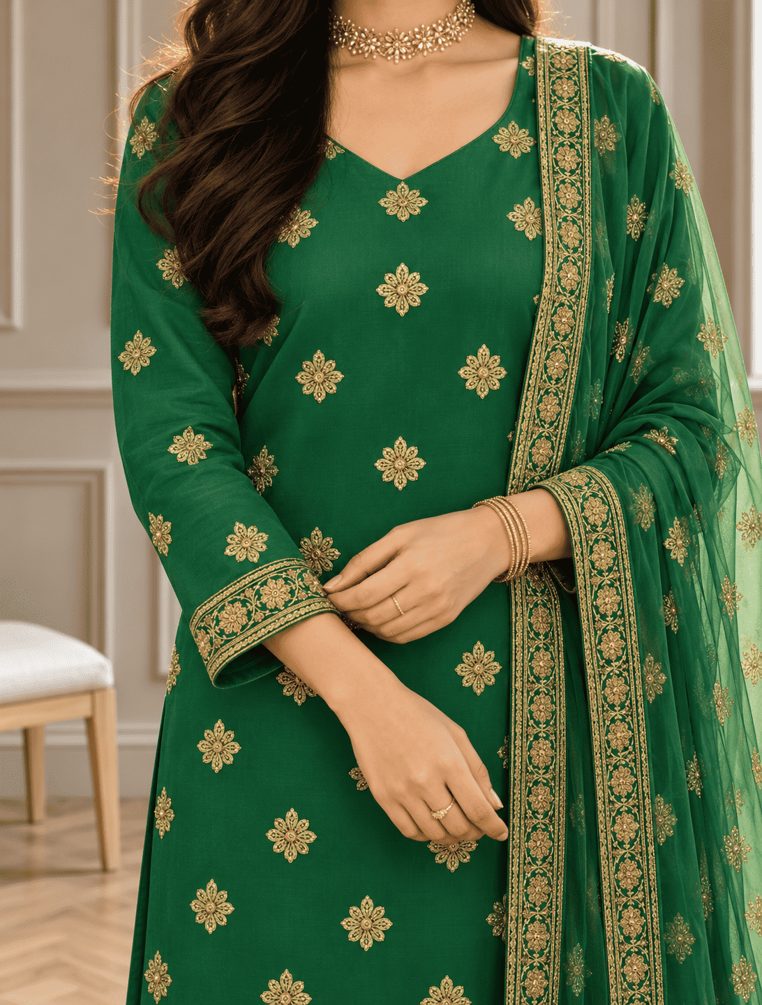Unstitched Green Shimmer Silk-Blend Embroidered Suit Material