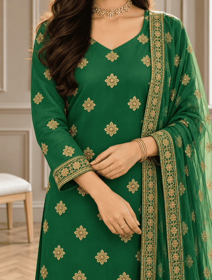 Unstitched Green Shimmer Silk-Blend Embroidered Suit Material