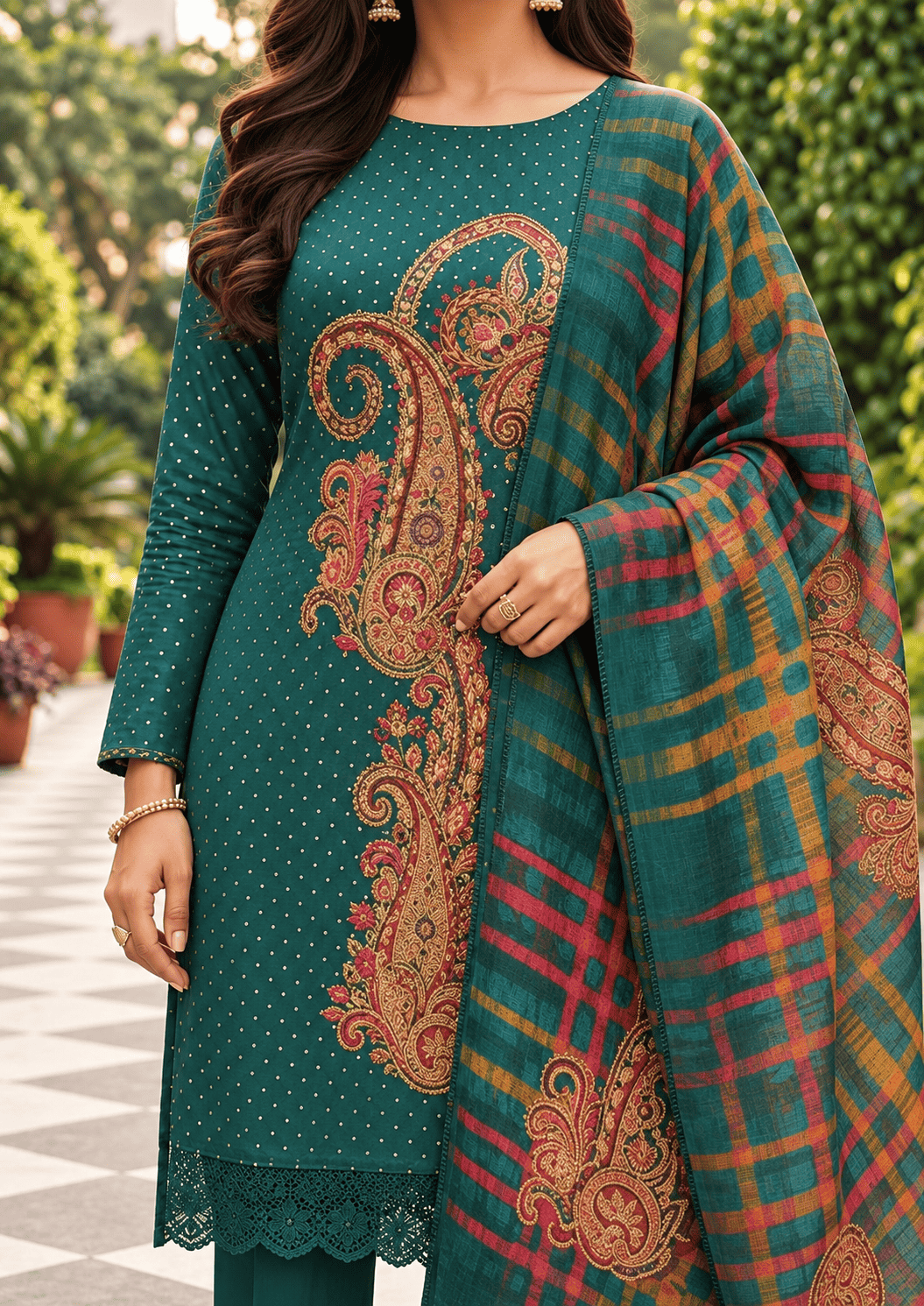 Unstitched Emerald-Teal Satin Suit Enhanced With Mirror Applique And Floral Threadwork