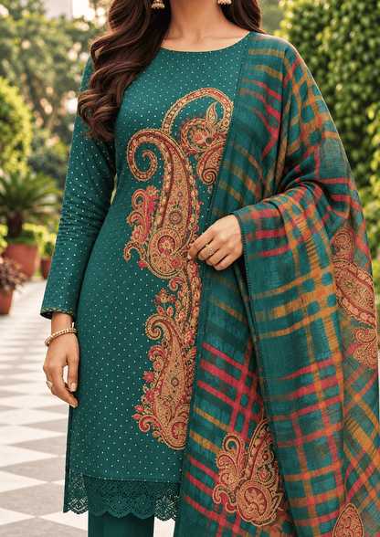 Unstitched Emerald-Teal Satin Suit Enhanced With Mirror Applique And Floral Threadwork