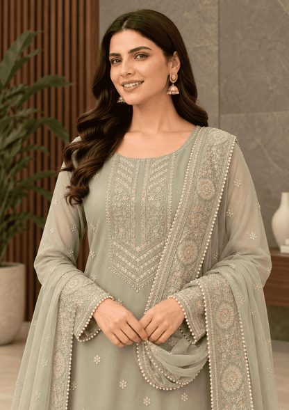 Muted Grey Semi-Stitched Organza With Floral Embroidery Suit Set With Dupatta