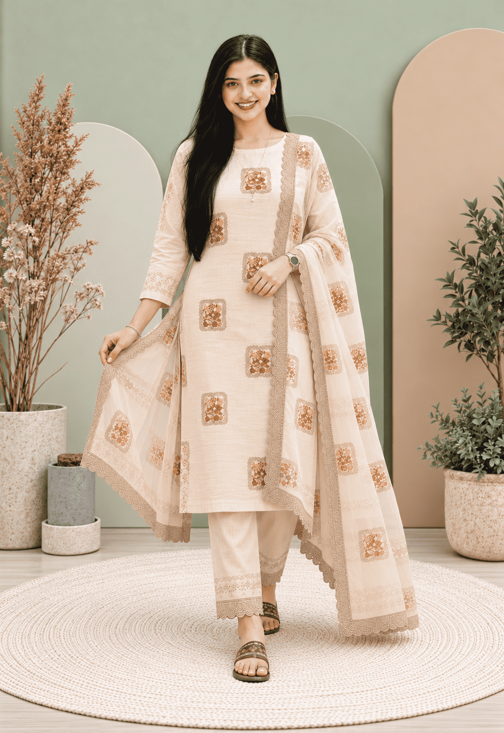 Unstitched Soft Beige Linen-Rayon Suit With Subtle Faded Floral Prints For An Understated, Elegant Look