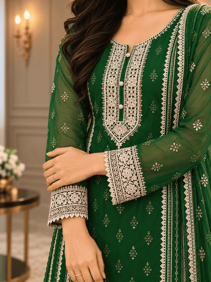 Semi-Stitched Soft Organza In A Forest Green Shade With Intricate Multicoloured Thread And Zari Embroidery Suit Material