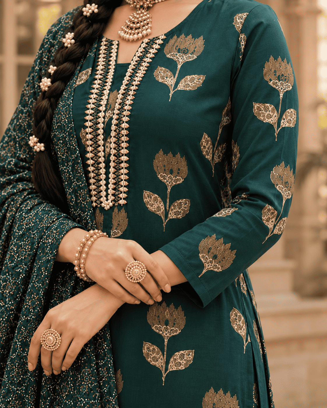 Dark Green Floral Printed Cotton Kurta Pant With Dupatta