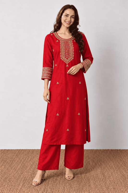 Red embroidered Dola Silk Kurta and Pant with Dupatta