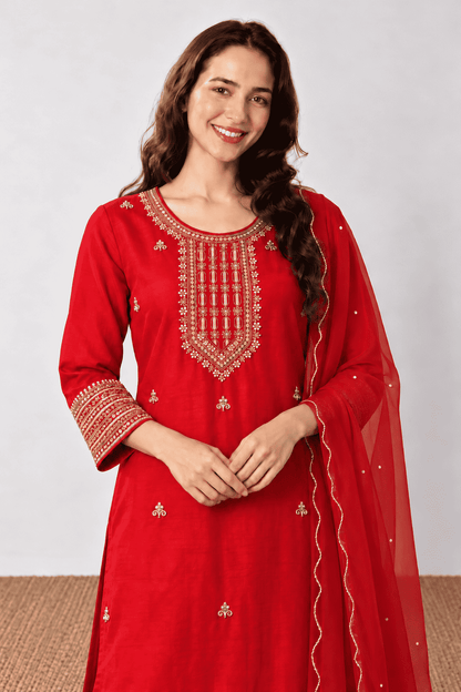 Red embroidered Dola Silk Kurta and Pant with Dupatta