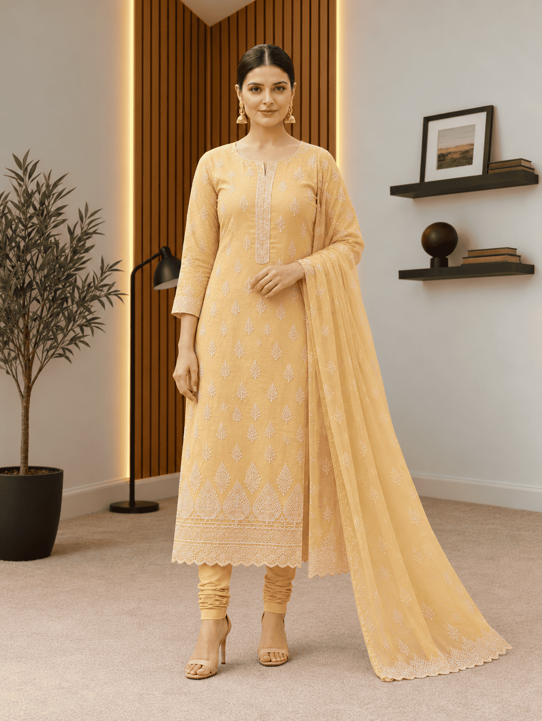 Semi-Stitched Muted Olive-Beige Chiffon Suit With Delicate Ivory Sequin Leaf Embroidery