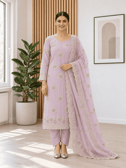 Semi-Stitched Mauve Lilac Chiffon Suit With Heavy Floral Sequin Border Detailing