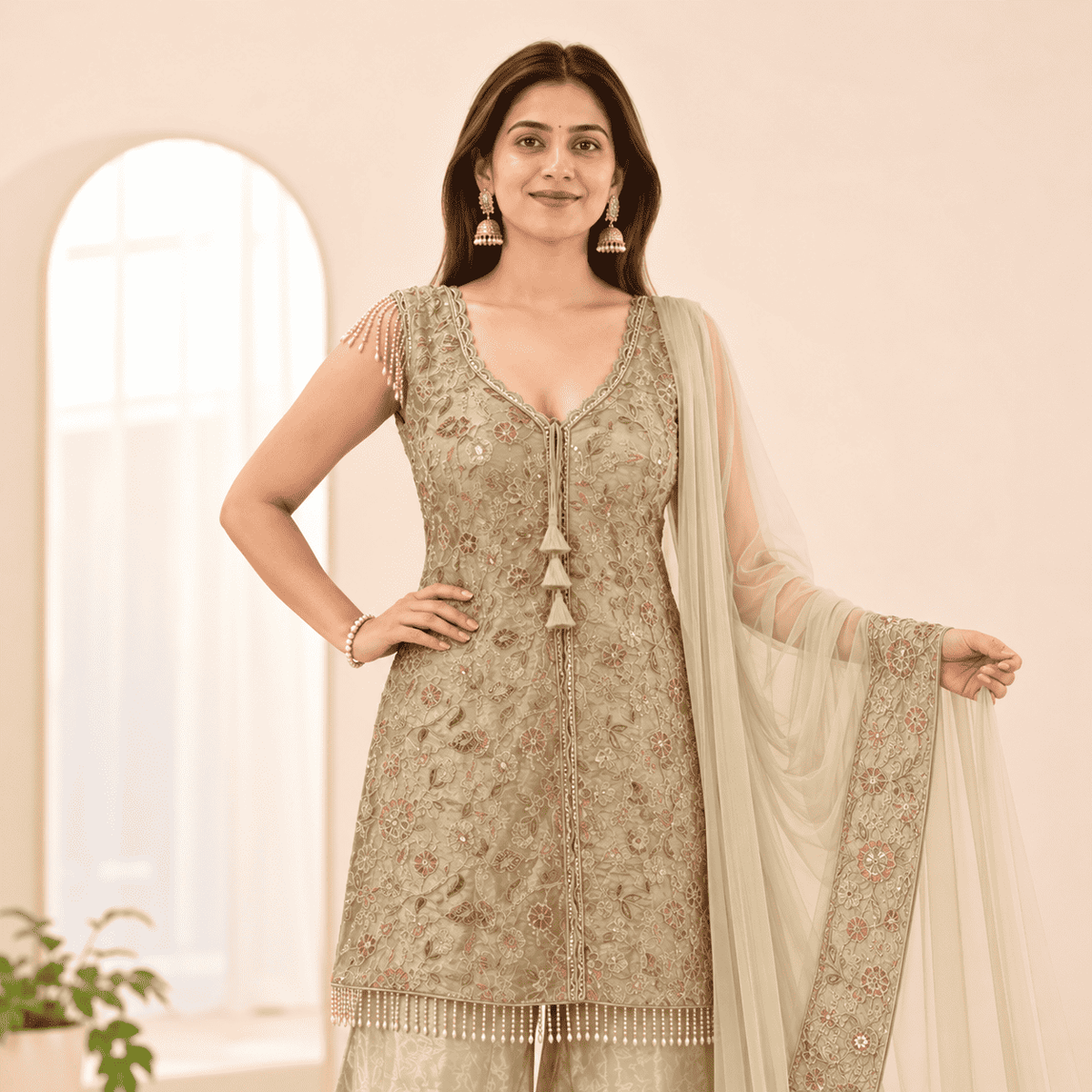 Champagne Gold Embroidered Shimmer Silk Front Slit Peplum Kurta Sharara and Dupatta Set