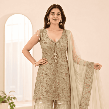 Champagne Gold Embroidered Shimmer Silk Front Slit Peplum Kurta Sharara and Dupatta Set