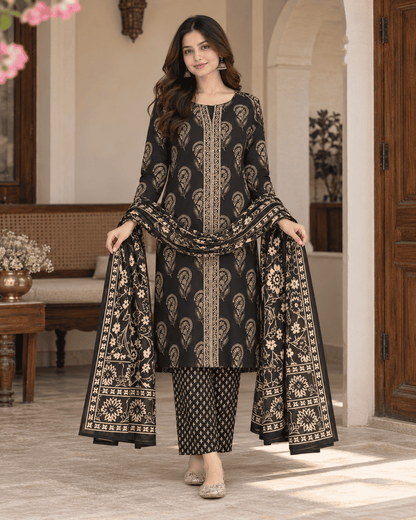 Black Printed Cotton Blend Kurta Pant and Dupatta