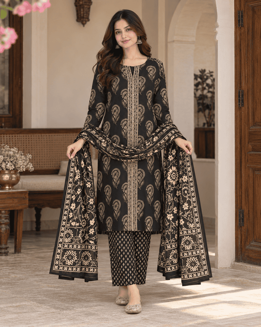 Black Printed Cotton Blend Kurta Pant and Dupatta